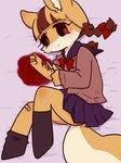 anthro bandage bandaged_leg blood blood_from_wound blood_splatter blue_bottomwear blue_clothing blue_skirt bodily_fluids bottomwear brown_body brown_fur clothing female fur gore long_socks multicolored_body multicolored_fur orange_body orange_fur pigtails red_eyes red_ribbon ribbons school_uniform self-harm skirt solo sweater topwear uniform white_body white_fur wound_on_arm wounded pyonko mammal rodent sciurid tree_squirrel 3:4