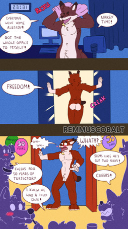 anthro balls butt clothing cmnm company dialogue embarrassed exposed flaccid foreskin genitals goldenlynx27 group humiliation male nude penis public text undressing work remmus_cobalt felid feline lynx mammal 4k 9:16 absurd_res comic english_text hi_res