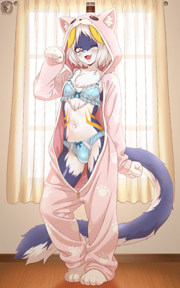 antennae_(anatomy) anthro belly blue_body blue_clothing blue_face blue_fur blue_panties blue_underwear bow_panties bow_underwear bulge chest_fur clothing curtains fangs femboy flesh_fang fur hair inner_ear_fluff long_hair male markings multicolored_body multicolored_fur multicolored_tail navel one_eye_closed onesie open_mouth panties panty_bulge pink_nose pink_onesie shoulder_length_hair simple_background solo tail teeth tuft underwear white_body white_face white_fingers white_fur white_hair window wink yellow_antennae yellow_body yellow_eyes yellow_fur yellow_markings hollynight~hardday em_(emko) arthropod domestic_cat felid feline felis hybrid insect lepidopteran mammal moth absurd_res digital_media_(artwork) hi_res