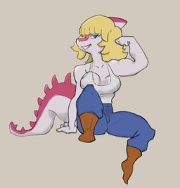 anthro athletic athletic_anthro athletic_female big_breasts blonde_hair blue_eyes bone_frill boots bottomwear breasts brown_boots brown_clothing brown_footwear clothed clothed_anthro clothed_female clothing denim denim_bottomwear denim_clothing female fingers fist flexing flexing_bicep footwear frill_(anatomy) front_view hair humanoid_hands jeans long_hair looking_at_viewer non-mammal_breasts one_eye_closed pants pink_body shirt shoes simple_background sitting smile smirk solo spiked_tail spikes spikes_(anatomy) tail tan_background tank_top topwear white_body white_clothing white_shirt white_tank_top white_topwear wink chefelucas_(artist) cavemanon_studios i_wani_hug_that_gator mia_moretti dinosaur hadrosaurid ornithischian ornithopod parasaurolophus prehistoric_species reptile scalie colored hi_res shaded
