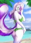 5_fingers anthro back-tie_bikini beach bikini bikini_thong black_collar black_nose blue_eyes blue_sclera blue_sky breasts butt claws clothing cloud collar collar_tag day detailed_background dipstick_ears ear_markings ear_piercing eyewear facial_piercing female finger_claws fingers fur green_bikini green_clothing green_eyewear green_sunglasses green_swimwear hair highlights_(coloring) industrial_piercing inverse_skunk_markings multicolored_body multicolored_ears multicolored_fur nose_piercing nose_ring outside piercing purple_body purple_claws purple_ear_tips purple_fur purple_hair purple_highlights ring_piercing sand seaside septum_piercing septum_ring sky smile solo standing sunglasses swimwear two-piece_swimsuit water white_body white_eyes white_fur white_hair lycangel mammal mephitid skunk 2019 digital_media_(artwork) hi_res