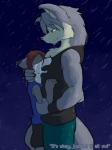 anthro bodily_fluids clothed clothing comforting crying dialogue duo hug love male male/male muscular muscular_male night raining romantic romantic_couple sad shirt simple_background size_difference standing tank_top tears text topwear wet whiteleo morenatsu kouya_(morenatsu) sirus canid canine canis domestic_dog fox husky mammal nordic_sled_dog spitz 3:4 english_text