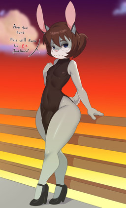 anthro athletic big_butt biped bulge butt clothed clothing crossdressing detailed_bulge dialogue dress eyewear femboy feminine feminine_pose footwear friends_with_benefits genital_outline glasses hair high_heels looking_at_viewer makeup male male_anthro penis_outline ponytail revenge shoes slit_dress solo standing text thick_thighs toned_belly toned_body wearing_glasses wide_hips wagyuu gabby_summers_(oc) lagomorph leporid mammal rabbit english_text hi_res