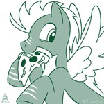 bent_legs feathered_wings feathers feral food fur green_body green_fur green_hooves hooves logo looking_back male mane multicolored_body multicolored_fur pizza pizza_in_mouth pizza_slice short_mane simple_background smile solo spread_wings striped_legs stripes two_tone_body two_tone_fur unguligrade white_background white_eyes white_mane white_stripes white_wings wings kompy hasbro my_little_pony mythology fan_character troodon_(character) equid equine mammal mythological_creature mythological_equine pegasus 1:1 artist_logo digital_drawing_(artwork) digital_media_(artwork) english_description flat_colors green_and_white icon low_res monochrome