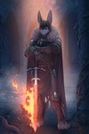 anthro armor belt bnuuy cape castle chainmail church claws clothed clothing dagger detailed_background dust fantasy fluffy fog fur glass guard hair jewelry king kneeguard knife knight leg-guard light mail maille male melee_weapon necklace olde pillar plate royalty ruins solo stained tabard text warrior wax-stamp weapon window zweihander lowereth osiris_(ayosiris) hare lagomorph leporid mammal rabbit absurd_res digital_media_(artwork) hi_res