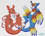 ambiguous_gender anthro armor blue_body clothing duo featureless_crotch multicolored_body red_body semi-anthro shirt smile topwear two_tone_body white_body switchbit bandai_namco digimon hasbro digimon_(species) flamedramon guilmon 5:4 alternate_version_at_paywall hi_res