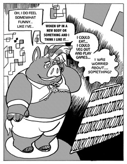 after_transformation anthro border clothing dialogue hooves ill-fitting_clothing jacket male oinking overweight overweight_male science_fiction solo topwear white_border billy_fore spire_(malyrn) mammal suid suine sus_(pig) black_and_white comic hi_res monochrome