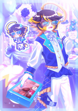 ahoge anthro biped black_body black_fur black_hair blonde_highlights blue_clothing blue_jacket blue_topwear blush blush_lines bottomwear candy chibi claws clothed clothing dessert dipstick_tail eyewear food fur glasses hair hand_on_hip hand_on_own_hip highlights_(coloring) holding_candy holding_food holding_object inner_ear_fluff inside jacket looking_at_viewer male markings open_mouth pants pink_nose shirt solo standing tail tail_markings teeth tongue topwear tuft white_body white_bottomwear white_clothing white_fur white_markings white_pants white_shirt white_topwear sunnynoga white_day domestic_cat felid feline felis mammal scottish_fold 2026 hi_res
