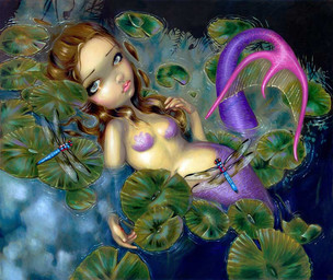 ambiguous_gender blue_body bra_(anatomy) breasts brown_hair eyebrows eyelashes female feral fin fingers fish_tail group hair insect_wings legless lily_pad lips long_hair looking_at_viewer makeup mermaid_tail navel nude partially_submerged pink_lips plant purple_tail scaled_breasts scales small_breasts split_form tail tail_fin trio water wings jasmine_becket-griffith arthropod dragonfly humanoid humanoid_merfolk insect mammal marine merfolk formal_art painting_(artwork) traditional_media_(artwork) traditional_painting_(artwork)