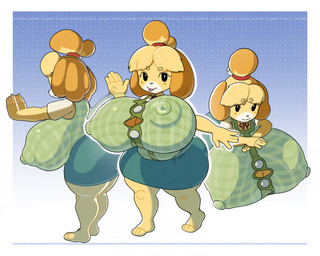 accessory anthro areola areola_outline bell bell_accessory belly big_areola big_breasts big_butt big_nipples black_nose black_sclera blonde_eyebrows blonde_hair blue_background blue_bottomwear blue_clothing blue_skirt border bottomwear breasts butt button_(fastener) clothing eyebrows female green_clothing green_topwear green_vest hair hair_accessory hairband huge_areola huge_breasts huge_nipples hyper hyper_breasts looking_at_viewer motion_lines nipple_outline nipples one_eye_closed pink_tongue red_hairband shortstack shortstack_female simple_background skirt slightly_chubby slightly_chubby_anthro slightly_chubby_female smile smiling_at_viewer solo thick_thighs tight_clothing tongue tongue_out topwear vest white_border white_eyes wink winking_at_viewer yellow_body yellow_ears nerobero0 animal_crossing nintendo isabelle_(animal_crossing) canid canine canis domestic_dog mammal shih_tzu toy_dog 2026 colored digital_media_(artwork) hi_res multiple_images shaded