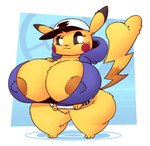 anthro anthrofied areola areola_slip big_breasts breasts clothed clothing female fur hand_on_breast hat headgear headwear holowear_(pokemon) hoodie huge_breasts hyper hyper_breasts looking_at_viewer nipple_outline nipples pokeball pokemorph short_stack skimpy solo thick_thighs topwear wide_hips yellow_body yellow_fur huztar nintendo pokemon pokemon_unite hip-hop_style_pikachu generation_1_pokemon pikachu pokemon_(species) hi_res