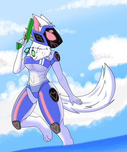 anthro armor breasts clothing cloud digitigrade dog_tags female fur machine navel neck_tuft one-piece_swimsuit pink_eyes screen screen_face solo swimwear toy toy_gun translucent translucent_clothing translucent_swimwear tuft under_boob water water_gun white_body white_fur mobzylewd gris_swimsuit meme_clothing halvess_(mobzylewd) protogen 5:6 meme
