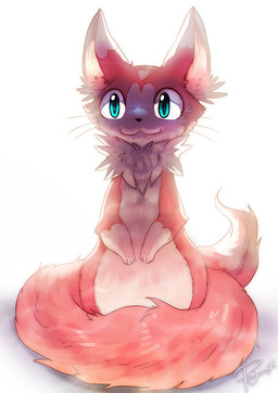 ambiguous_gender bloom blue_eyes cheek_tuft dipstick_ears ear_markings facial_tuft feral fluffy fluffy_tail front_view fur glistening glistening_eyes mouth_closed multicolored_ears neck_tuft red_body red_fur simple_background sitting solo tail tuft whiskers white_background white_body white_fur penguinexperience felid mammal full-length_portrait portrait signature