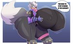 anthro big_breasts big_butt blush breasts butt clothed clothing crossgender eyewear female fur gloves grey_body hair handwear huge_breasts huge_butt hyper hyper_breasts looking_at_viewer mtf_crossgender muscular nipples open_mouth simple_background solo spikes tail text thiccbuns nintendo star_fox wolf_o'donnell canid canine canis mammal wolf absurd_res digital_media_(artwork) english_text hi_res