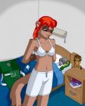 anthro bed bra breasts brown_body brown_fur clothed clothing female fur furniture hair navel red_hair solo underwear undressing graphite_(artist) melissa_(clarrygoldstein) domestic_ferret mammal mustelid musteline true_musteline weasel