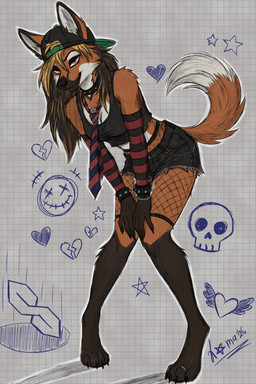 accessory alternative_fashion anthro arm_tuft arm_warmers armwear backwards_baseball_cap backwards_hat baseball_cap blonde_hair bottomwear bracelet breasts chain_accessory claws clothing collar countershading cropt_top dark_hair digit_ring digitigrade dipstick_tail feet female fishnet_clothing fishnet_legwear fur hair hands_on_knees hands_on_legs hat headgear headwear heart_symbol inner_ear_fluff jewelry leaning leaning_forward legwear looking_at_viewer markings multicolored_body multicolored_fur multicolored_hair necktie occult_symbol orange_body orange_fur pattern_arm_warmers pattern_armwear pattern_clothing pattern_necktie pentagram punk ring shorts shoulder_tuft skull_symbol snout solo spiked_bracelet spiked_collar spikes standing star_symbol striped_arm_warmers striped_armwear striped_clothing striped_necktie stripes symbol tail tail_markings toe_ring toes tuft two_tone_hair white_body white_fur white_inner_ear_fluff yellow_eyes hekhoundkama cool_s samantha_harper canid canine mammal maned_wolf 2026 absurd_res digital_drawing_(artwork) digital_media_(artwork) hi_res signature