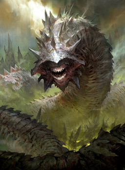 ambiguous_gender eyeless feral glistening glistening_body grey_body open_mouth sharp_teeth solo spikes spikes_(anatomy) teeth kekai_kotaki hasbro magic:_the_gathering wizards_of_the_coast massacre_wurm wurm hi_res official_art