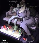 anthro arm_around_shoulders beverage beverage_can big_breasts big_tail breasts cleavage clothed clothing curvy_figure dessert dialogue duo female female_anthro female_on_human fin food fully_clothed huge_breasts human_on_anthro ice_cream ice_cream_float interspecies larger_anthro larger_female lips male male/female male_human male_on_anthro pajamas size_difference smaller_human smaller_male smile tail tail_around_partner tail_fin text thick_lips thick_tail thick_thighs wide_hips yellow_eyes ze_blackball.d catfish fish human mammal marine absurd_res english_text hi_res