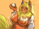 anthro blonde_hair blue_eyes breasts clothing coat egg female food hair lab_coat looking_at_viewer nipples pokemorph solo topwear dlost nintendo pokemon eeveelution flareon generation_1_pokemon pokemon_(species) 4:3 hi_res