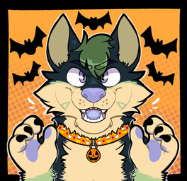 4_fingers ambiguous_gender anthro black_body black_border black_claws black_eyebrows black_fur black_wings border brown_inner_ear cheek_tuft chest_tuft claws collar collar_only collar_tag dotted_background eyebrows facial_markings facial_tuft finger_claws fingers flying fur furrowed_eyebrows green_arms green_hair green_markings group hair head_markings holidays light looking_at_viewer male male_anthro markings membrane_(anatomy) membranous_wings multicolored_body multicolored_fur nude nude_anthro nude_male open_mouth open_smile orange_background orange_collar outline pattern_background pawpads purple_eyes purple_nose purple_pawpads purple_tongue sharp_teeth short_hair simple_background smile smiling_at_viewer solo_focus teeth text tongue tuft whisker_spots white_inner_ear white_outline wings yellow_body yellow_fur ractoons halloween bat canid canine mammal 2023 artist_name colored digital_drawing_(artwork) digital_media_(artwork) english_description hi_res lighting shaded simple_shading