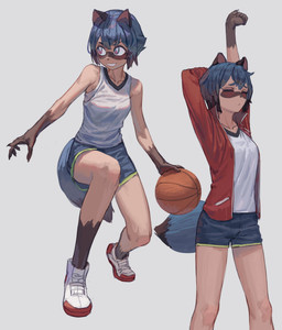 anthro ball basketball_(ball) blue_hair blue_tail bottomwear breasts brown_markings claws clothed clothing dipstick_hair dipstick_tail eyes_closed facial_markings female finger_claws fluffy fluffy_tail footwear gloves_(marking) hair head_markings jacket leg_markings markings mask_(marking) multicolored_eyes open_clothing open_jacket open_topwear raised_arm red_clothing red_jacket red_topwear shirt shoes shorts smile socks_(marking) solo tail tail_markings tan_body tan_skin tank_top topwear white_clothing white_shirt white_tank_top white_topwear maxk5551 brand_new_animal studio_trigger michiru_kagemori canid canine mammal raccoon_dog tanuki hi_res