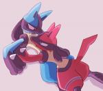 alternate_color ambiguous_gender anthro black_body black_fur blue_body blue_fur duo fur lying on_back on_front pink_background red_body red_eyes red_fur simple_background sikai nintendo pokemon generation_4_pokemon lucario pokemon_(species)