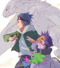 accessory anthro blue_hair clothing eyewear glasses group hair headband jacket male purple_hair topwear st14_kr010 bandai_namco digimon digimon_beatbreak raito_souda tomoro_tenma digimon_(species) gekkomon human mammal rhamphomon scalie