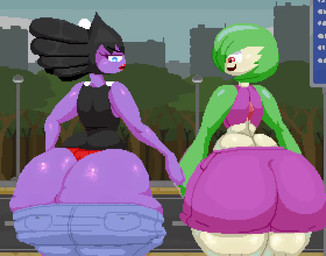 assisted_exposure big_butt black_hair blue_eyes blush bottomwear butt butt_jiggle cellulite clothing duo female green_hair hair huge_butt huge_hips huge_thighs jiggling looking_back open_mouth panties pants purple_body red_eyes shirt shorts smile tank_top telekinesis thick_thighs topwear underwear wide_hips spinneborg nintendo pokemon gardevoir generation_3_pokemon generation_5_pokemon gothitelle humanoid pokemon_(species) animated loop no_sound short_playtime webm