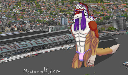 anthro bulge clothing fur hat_feather headdress headgear headwear loose_feather macro male muscular red_body red_fur solo tribal war_bonnet tokalamacrowolf otaktay canid canine canis mammal wolf hi_res