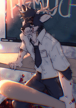 anthro baseball_bat bat_(object) black_body black_fur black_necktie blood blood_on_face blood_on_hand bodily_fluids brown_eyes clothing fur male necktie school_uniform slim_anthro slim_male solo uniform white_body white_dress_shirt white_fur hemuchang deer mammal 2022 hi_res