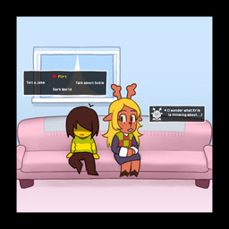 ambiguous_gender anthro antlers black_border border clothed clothing duo female freckles furniture horn sofa text pettankon deltarune undertale_(series) kris_dreemurr noelle_holiday deer human mammal new_world_deer reindeer 1:1 english_text hi_res