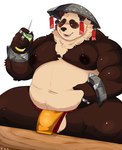 anthro asian_conical_hat balls belly bottomwear canned_drink clothing fur genitals hat headgear headwear loincloth male moobs multicolored_body multicolored_fur navel nipples overweight solo manotakagi mihoyo zenless_zone_zero pan_yin_hu bear giant_panda mammal 2025 absurd_res hi_res