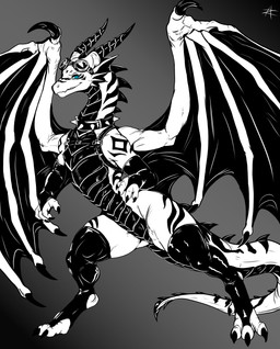 ambiguous_gender armwear clothing eyewear eyewear_on_head feral frill_(anatomy) goggles goggles_on_head harness head_crest head_frill legwear markings on_hind_legs piercing smile smirk solo azurian mythology azurian_arafiel dragon mythological_creature mythological_scalie scalie absurd_res black_and_white hi_res monochrome