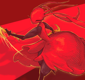 anthro biped eyelashes female holding_melee_weapon holding_object holding_weapon melee_weapon motion_lines red_body solo weapon sharpski hollow_knight:_silksong hollow_knight_(franchise) team_cherry skarrsinger_karmelita ant arthropod hymenopteran insect skarr 2026 absurd_res hi_res