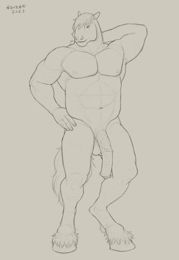 abs animal_genitalia animal_penis anthro balls biped equine_genitalia equine_penis front_view fur genitals half-erect hand_behind_neck hand_on_hip hooves male male_anthro muscular muscular_anthro muscular_male narrowed_eyes navel nude pecs penis simple_background solo standing aduran equid equine horse mammal 2023 absurd_res dated full-length_portrait hi_res monochrome portrait sketch