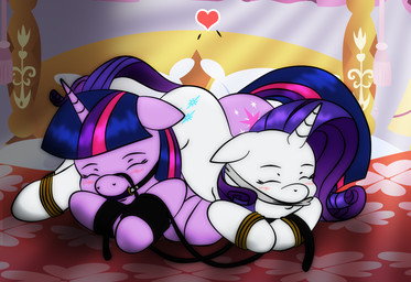 bdsm bed bit_gag blush bondage bound cloth_gag cuff_(restraint) cutie_mark duo eyes_closed female female/female feral front_view fur furniture gag gagged hair halter harness harness_bit_gag harness_gag horn leash lying multicolored_hair muzzle_(object) muzzled on_bed on_front pony_pile purple_body purple_fur purple_hair restraints rope shackles sleeping submissive submissive_female two_tone_hair ponyguy67 ryuseihikari friendship_is_magic hasbro my_little_pony mythology rarity_(mlp) twilight_sparkle_(mlp) equid equine mammal mythological_creature mythological_equine unicorn hi_res