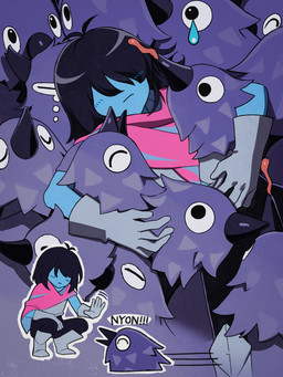 ambiguous_gender armor beak black_beak black_hair blue_body blue_feathers blue_skin bodily_fluids breastplate clothing crouching cuddling feathers gesture gloves grey_body grey_clothing grey_feathers grey_gloves grey_handwear group hair handwear lying obscured_eyes on_back pink_scarf red_tongue scarf speech_bubble tears tongue tongue_out waving fumoyun deltarune undertale_(series) kris_dreemurr avian bird corvid corvus_(genus) crow human kawkaw_(deltarune) mammal oscine passerine 3:4 absurd_res hi_res multiple_scenes