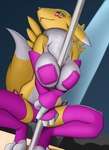 anthro between_breasts big_breasts breasts clothing crouching dancing female fur legwear panties pasties pole pole_between_breasts pole_dancing pressing_breasts_together side-tie_panties solo thigh_highs underwear yellow_body yellow_fur creatiffy bandai_namco digimon canid digimon_(species) mammal renamon hi_res