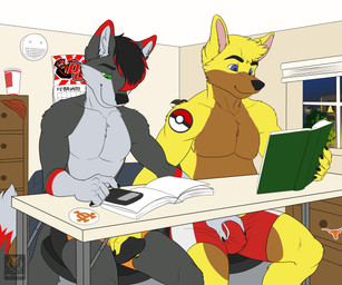 anthro black_hair black_nose blue_eyes bottomwear boxer_briefs boxers_(clothing) brown_body brown_fur bulge bulge_fondling calculator chest_tuft claws clothed clothing duo erection erection_under_clothing fondling fur furniture genitals green_eyes grey_body grey_fur grin grope hair handjob imminent_sex male male/male mutual_handjob mutual_masturbation penile penis pokeball red_hair sex shorts smile standard_pokeball table tenting topless tuft under_table underwear yellow_body yellow_fur vallhound nintendo pokemon g-wolf canid canine canis mammal wolf 2014 digital_media_(artwork)