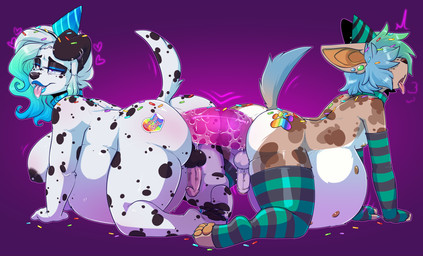 anal anal_penetration anthro areola backsack balls barbell_piercing belly belly_nipples big_belly big_dildo black_areola black_body black_ears black_fur black_nipples black_nose black_pawpads black_spots blue_hair blue_lipstick both_pregnant breasts brown_body brown_fur clothing collar dildo dildo_in_ass dildo_insertion double_dildo duo ear_piercing erection eyeliner eyeshadow floppy_ears fluffy fluffy_hair foreskin frenum_ladder frenum_piercing fur gauged_ear genital_piercing genitals gradient_hair green_hairtips gynomorph gynomorph/male hair hat headgear headwear heart_symbol hearts_around_head huge_belly humanoid_genitalia humanoid_hands humanoid_penis hyper hyper_belly hyper_pregnancy intersex intersex/male ladder_piercing legwear lipstick long_hair looking_pleasured lube_on_dildo makeup male multi_nipple multiple_pregnancies nipple_barbell nipple_piercing nipples nude_anthro nude_gynomorph nude_male object_in_ass open_mouth orange_pawpads party_hat pattern_clothing pattern_legwear pattern_thigh_highs pawpads penetration penis penis_piercing piercing pregnant pregnant_anthro pregnant_gynomorph pregnant_intersex pregnant_male pregnant_sex purple_background purple_eyes raised_tail resting_on_belly sex sex_toy sex_toy_in_ass sex_toy_insertion simple_background spots spotted_genitalia spotted_penis sprinkles_in_hair sprinkles_on_butt sticker sticker_on_butt stickers_on_body striped_clothing striped_legwear striped_thigh_highs stripes tail tail_motion tailwag tan_body tan_fur tan_nipples thigh_highs tongue tongue_out wearing_collar white_body white_fur ryunwoofie zia_dog canid canine canis dalmatian domestic_dog mammal 2026 digital_drawing_(artwork) digital_media_(artwork) english_description hi_res trans_(lore) trans_woman_(lore)