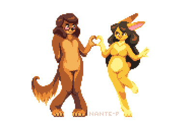 3_toes 4_toes anthro blush breasts brown_body brown_fur brown_hair collaborative collaborative_gesture collaborative_heart_gesture curly_hair duo eye_contact eyewear featureless_breasts featureless_crotch feet female fur gesture glasses hair heart_gesture looking_at_another male male/female nude paws shy simple_background smile toes yellow_body yellow_fur nante-p canid canine canis domestic_dog lagomorph leporid mammal rabbit digital_media_(artwork) pixel_(artwork)