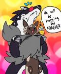 ambiguous_gender anthro bodily_fluids carrying_another daww duo feral flying_sweatdrops frown glue humor paws size_difference snout stuck sweat sweatdrop wide_eyed worried blitzdrachin conditional_dnp nintendo pokemon heartberry furret generation_2_pokemon generation_8_pokemon mammal mustelid obstagoon pokemon_(species) 2019 comic hi_res