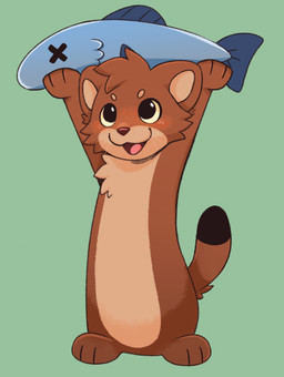 ambiguous_gender anthro black_body black_fur blush blush_lines brown_body brown_fur brown_nose cat_smile cheek_tuft chest_tuft circle_eyebrows dipstick_tail eyebrows facial_tuft feral fin food fur green_background holding_above_head holding_fish holding_food holding_object markings multicolored_body multicolored_fur open_mouth open_smile simple_background smile solo standing tail tail_markings tan_body tan_eyebrows tan_fur tan_inner_ear tuft whiskers x_eyes feve aquatic fish mammal mustelid musteline stoat true_musteline weasel 2026 full-length_portrait hi_res portrait