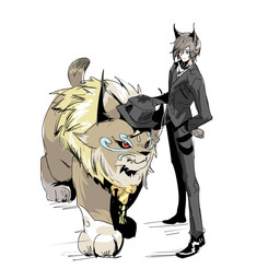 brown_body brown_fur clothing duo facial_markings feral fluffy fluffy_chest fur hat head_markings headgear headwear male markings necktie red_eyes short_tail suit tail cyanord_k arknights bandai_namco digimon hypergryph studio_montagne phantom_(arknights) cougarmon digimon_(species) human mammal 1:1 hi_res