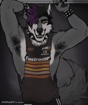 alternative_fashion anthro armpit_fetish armpit_hair body_hair clothed clothing hair male muscular muscular_male punk purple_hair raised_arm shirt smile solo tank_top topwear acidwuff nouveau_howler canid canine canis mammal wolf hi_res