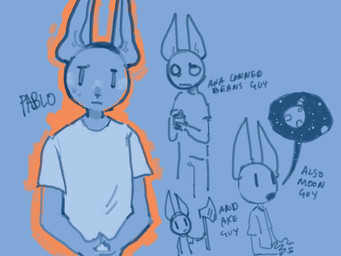 anthro axe bodily_fluids can clothing container fire_axe frown interlocked_fingers long_ears male moon shirt speech_bubble sweat sweatdrop text topwear white_clothing white_shirt white_topwear papplemelon nan_quest pablo_(nq) mammal 2015 character_name monochrome sketch