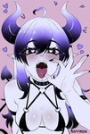 ahoge anthro black_hair black_sclera bodily_fluids breasts female hair heart_symbol horn long_hair o-ring oral_invitation saliva solo spade_tail tail tongue tongue_out giffrenarts demon hi_res