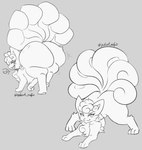 3_toes 6_tails ambiguous_gender ass_up big_butt blush butt cheek_tuft cole_(lumpsofcole) ear_tuft english_text eyelashes facial_tuft feet feral fluffy_chest generation_1_pokemon head_tuft heart_symbol huge_butt hyper hyper_butt looking_at_viewer looking_back lying mane monochrome multi_tail nintendo on_front open_mouth pawpads pdart pinup pokemon pokemon_(species) pose presenting presenting_hindquarters quadruped signature simple_background sketch smile solo spreading suggestive tail text thick_thighs toes tuft vulpix walking wide_hips wobbling