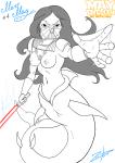 breasts female genitals lightsaber looking_at_viewer melee_weapon membrane_(anatomy) monster_girl_(genre) nipples pussy red_lightsaber solo split_form technology weapon webbed_hands zoobastik mermay star_wars animal_humanoid fish fish_humanoid humanoid marine marine_humanoid merfolk