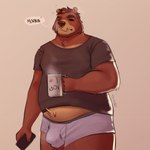 anthro belly boxer_briefs brown_body bulge clothing container cup eyes_closed facial_piercing male mug nose_piercing nose_ring overweight overweight_male piercing ring_piercing shirt solo text tired topwear underwear rovindeer gabriel_(rovindeer) bear mammal 1:1 2020 absurd_res hi_res